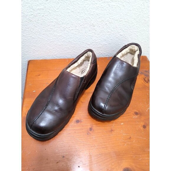UGG Mens Brown Leather Slip-On Shoes With Shearling Lining Size 10 - Picture 1 of 13